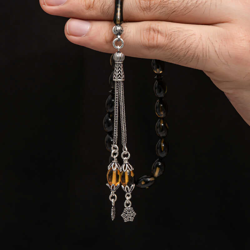 Prayer Beads - Handcrafted Pressed Amber Sterling Silver Tesbih