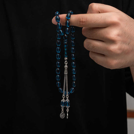 Handcrafted Pressed Amber Tesbih - Sterling Silver Tassel Prayer Beads