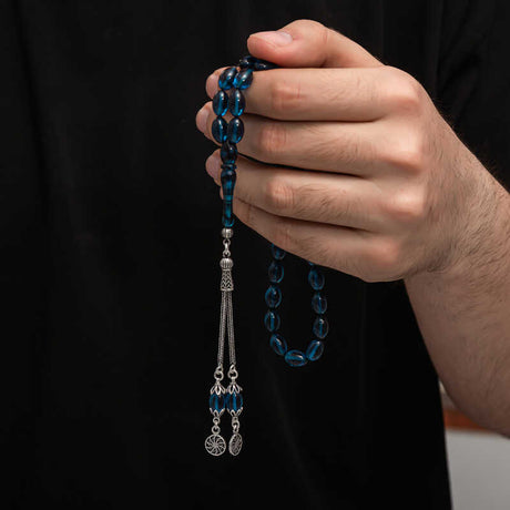 Handcrafted Pressed Amber Tesbih - Sterling Silver Tassel Prayer Beads