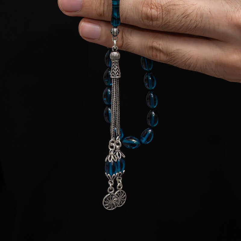 Tesbih Ambra Pressata Artigianale - Rosario con Nappa in Argento Sterling