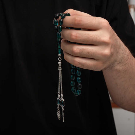Elegant Tesbih Prayer Beads - Sterling Silver & Green Pressed Amber Resin