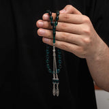 Chapelet de prière Tesbih élégant - Argent sterling et résine d'ambre pressée verte