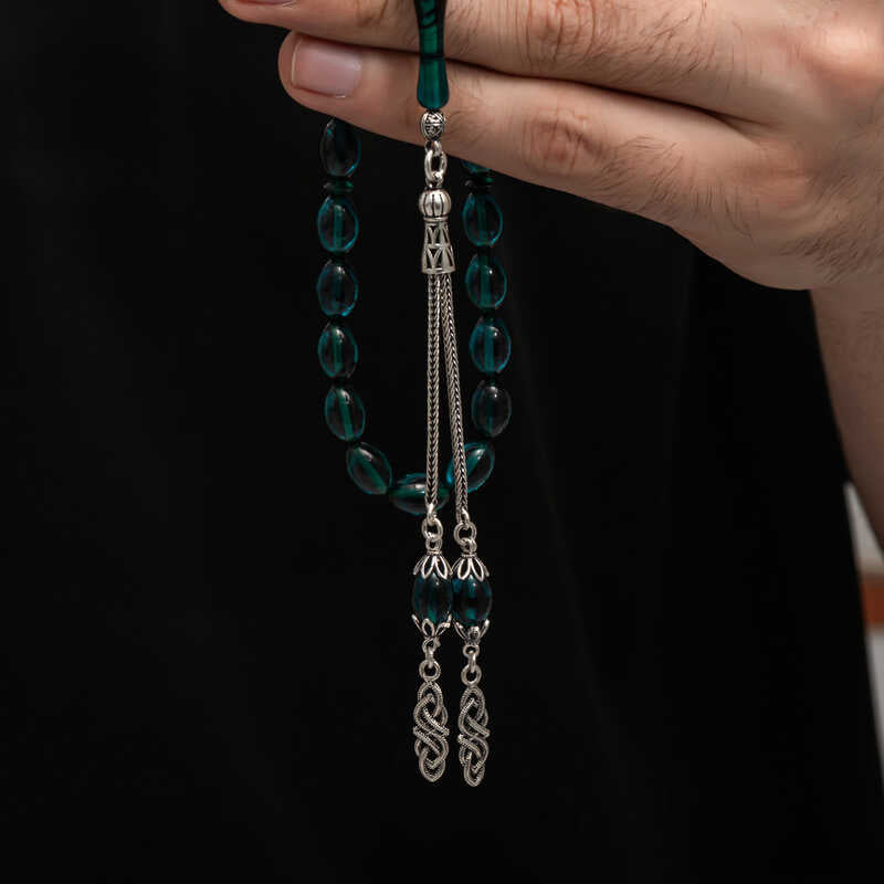 Chapelet de prière Tesbih élégant - Argent sterling et résine d'ambre pressée verte