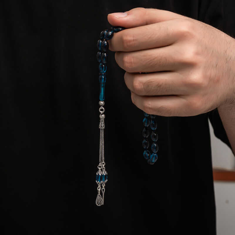 Elegantní modlitební korálky - lisovaný jantarový tesbih s propracovaným stříbrným střapcem