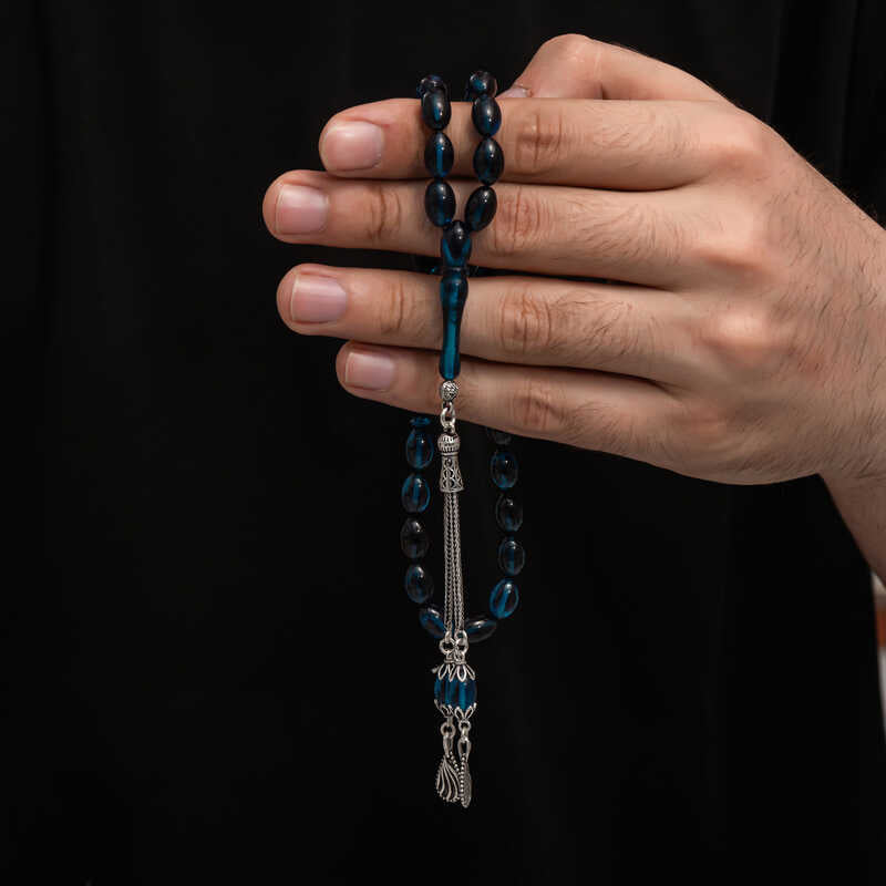 Elegantní modlitební korálky - lisovaný jantarový tesbih s propracovaným stříbrným střapcem