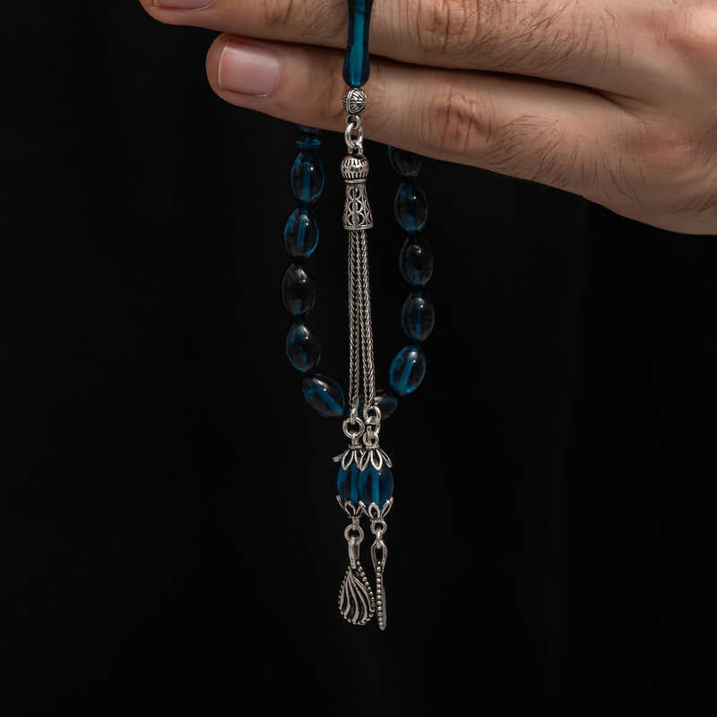 Elegantní modlitební korálky - lisovaný jantarový tesbih s propracovaným stříbrným střapcem