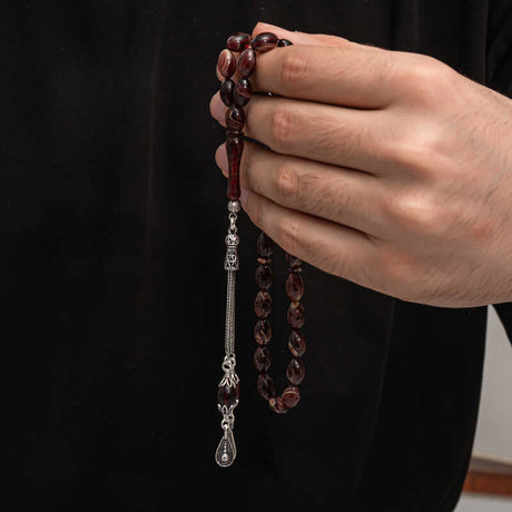 Tesbih - Pressed Amber & Silver-Tone Elegant Prayer Beads