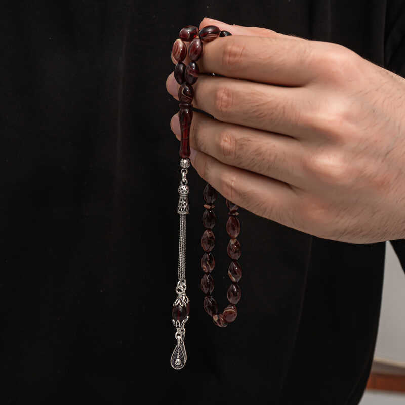 Tesbih - Pressed Amber & Silver-Tone Elegant Prayer Beads