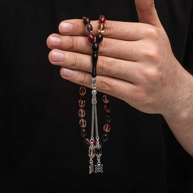 Tesbih - Handcrafted Pressed Amber & Silver Tassel Prayer Beads