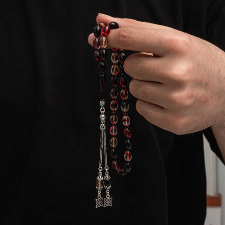 Tesbih - Handcrafted Pressed Amber & Silver Tassel Prayer Beads