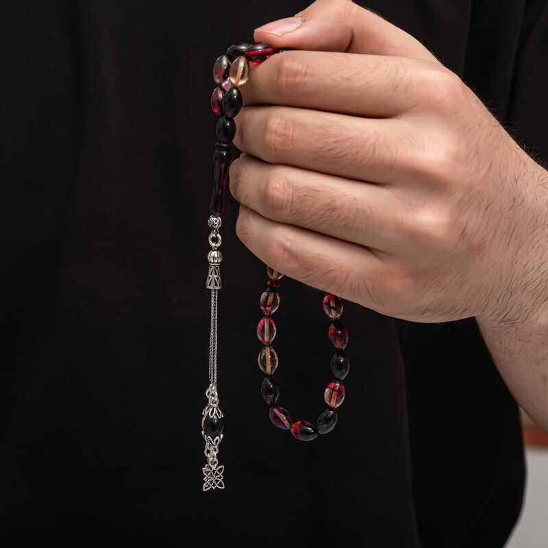 Tesbih - Handcrafted Pressed Amber & Silver Tassel Prayer Beads