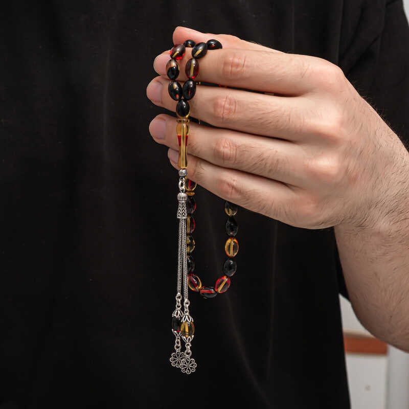 Tesbih - Two-Tone Compressed Amber with Silver-Tone Tassel