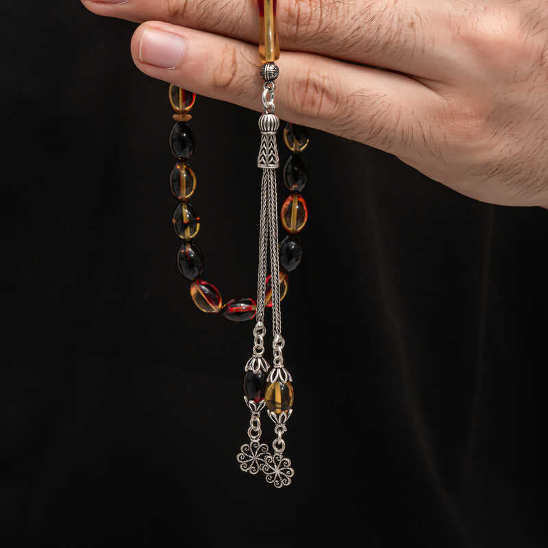 Tesbih - Two-Tone Compressed Amber with Silver-Tone Tassel