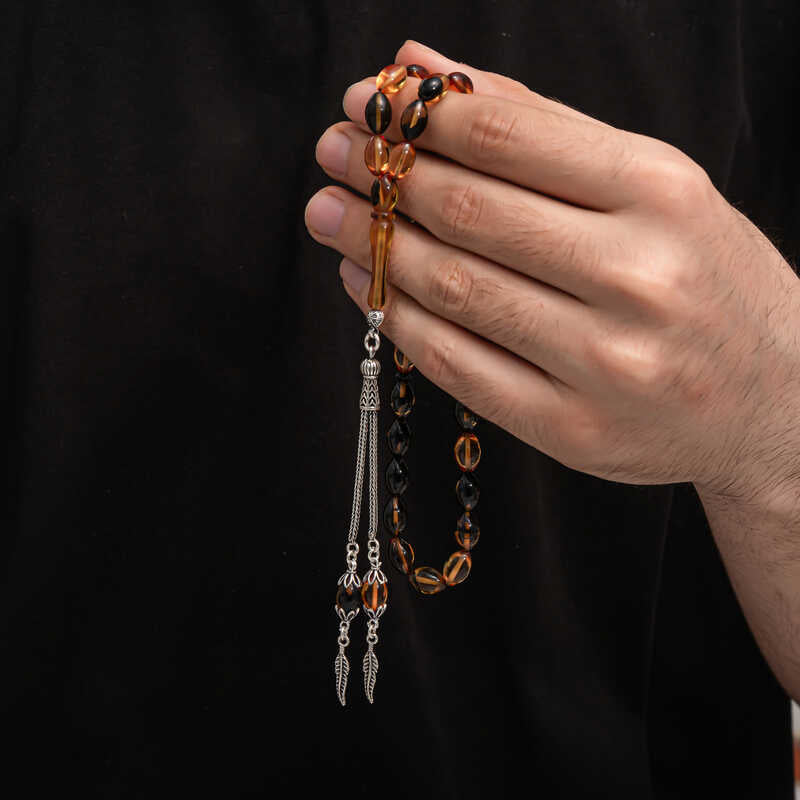 エレガントプレスドアンバーのテスビーハ - スターリングシルバー製タッセル付き祈祷用ビーズ