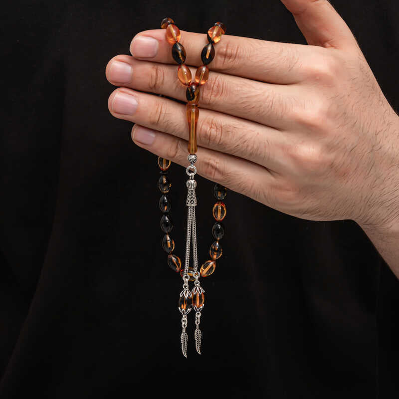 エレガントプレスドアンバーのテスビーハ - スターリングシルバー製タッセル付き祈祷用ビーズ