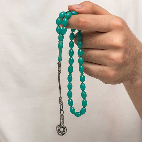 Tasbih Rosary Beads - Turquoise-Tone Compressed Amber with Kazaz Tassel