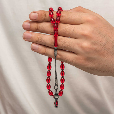 Tasbih - Red Pressed Amber with 1000 Ayar Silver Kazaz Tassel