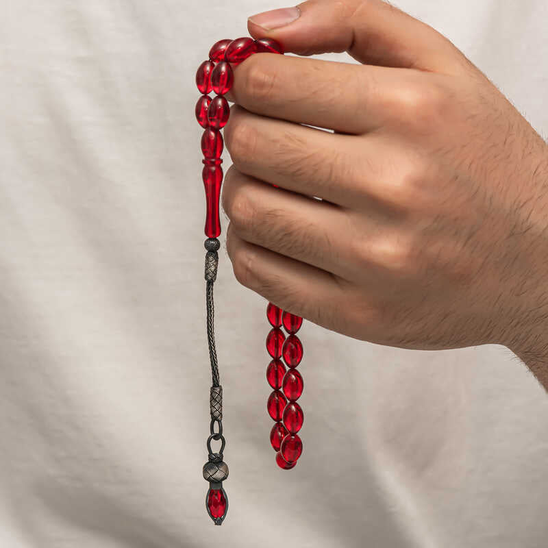 Tasbih - Ambre rouge pressé avec pompon Kazaz en argent 1000 Ayar