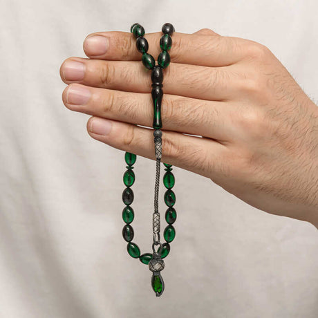 Prayer Beads - Green Compressed Amber & Silver Kazaz Tassel