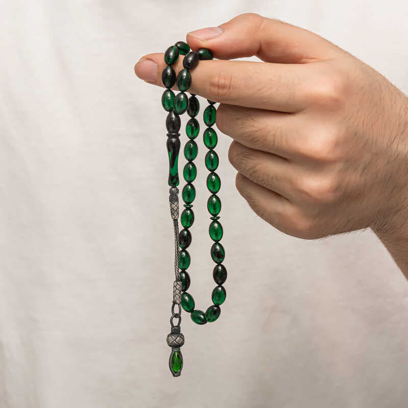 Prayer Beads - Green Compressed Amber & Silver Kazaz Tassel