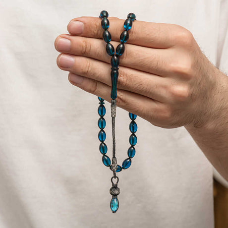 Handcrafted Tasbih Prayer Beads - Silver Kazaz Tassel & Teal Resin