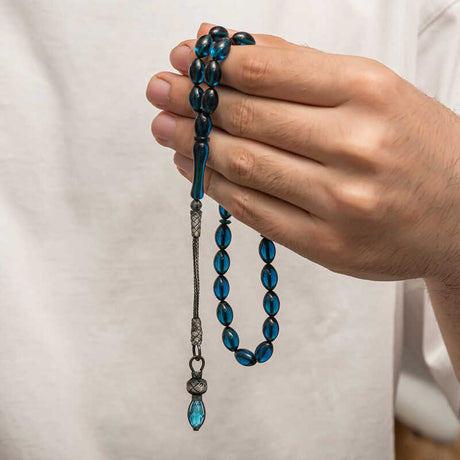 Handcrafted Tasbih Prayer Beads - Silver Kazaz Tassel & Teal Resin