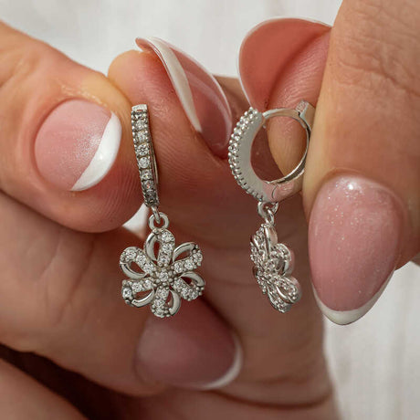 Sterling Silver Zirconia Floral Hoop Dangle Earrings