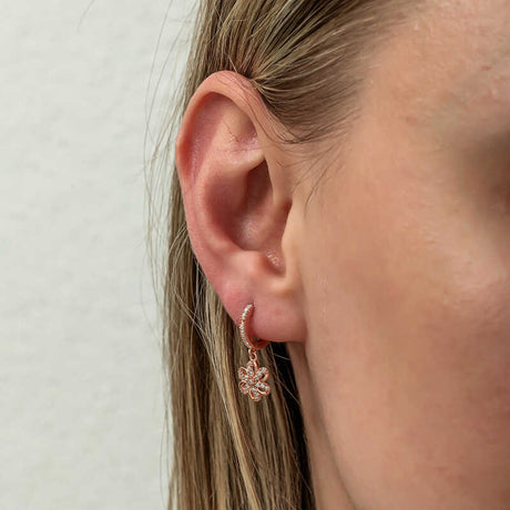 Rose Gold Plated Floral Dangle Hoop Earrings with Cubic Zirconia