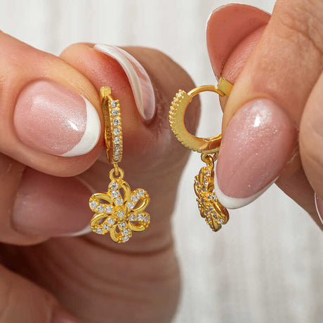 Gold-Plated Sterling Silver Floral Dangle Hoop Earrings