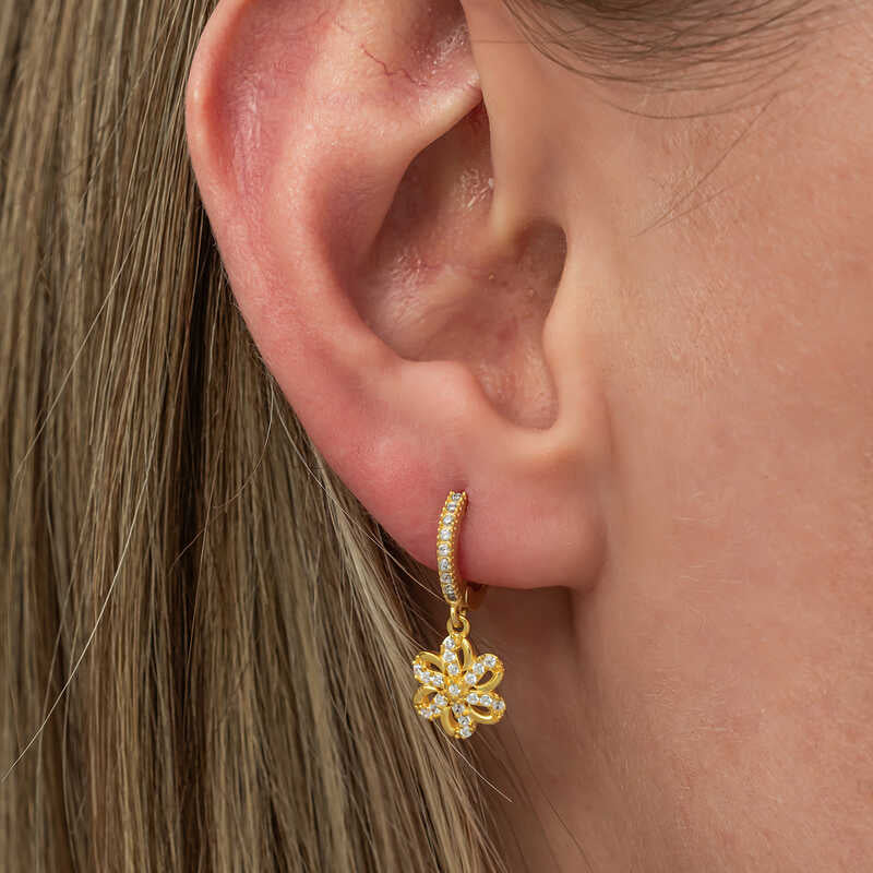 Gold-Plated Sterling Silver Floral Dangle Hoop Earrings