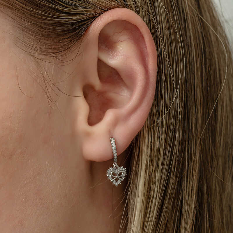 Sterling Silver Pave Heart & Bow Dangle Hoop Earrings