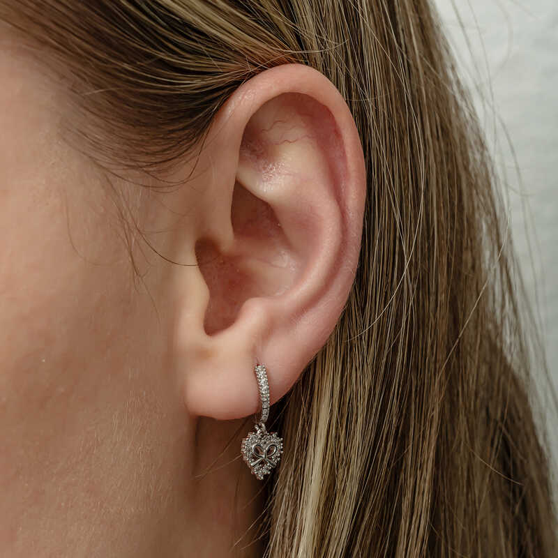 Sterling Silver Pave Heart & Bow Dangle Hoop Earrings