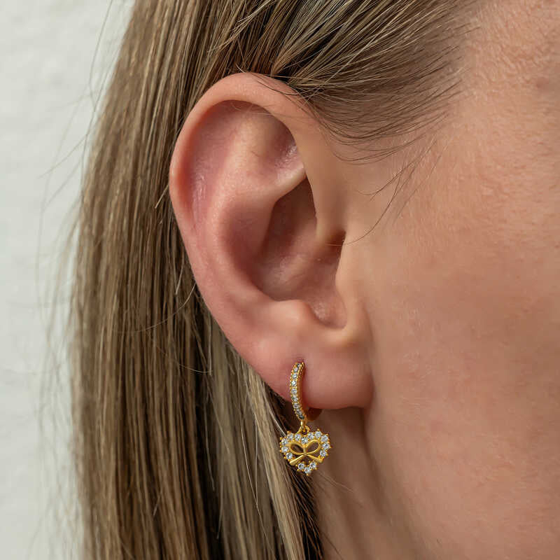 Hoop Earrings - Gold-Tone Sparkling Heart & Bow Dangle