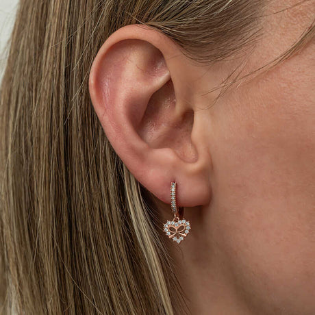 Rose Gold Plated Sterling Silver Dangle Hoop Earrings - Heart Bow