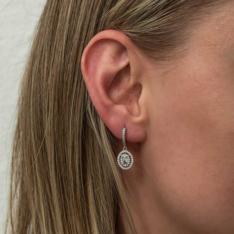 Sterling Silver Dangle Earrings - Sparkling Oval Halo Cubic Zirconia