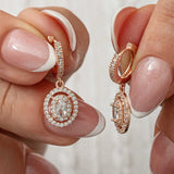 Rose Gold Plated Silver Dangle Earrings - Sparkling Oval Halo Design