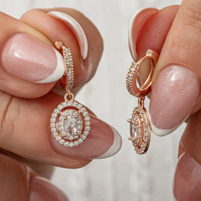 Rose Gold Plated Silver Dangle Earrings - Sparkling Oval Halo Design