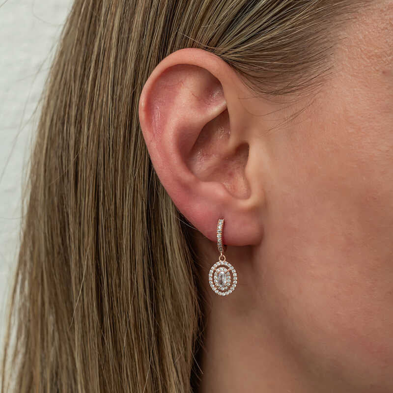 Rose Gold Plated Silver Dangle Earrings - Sparkling Oval Halo Design