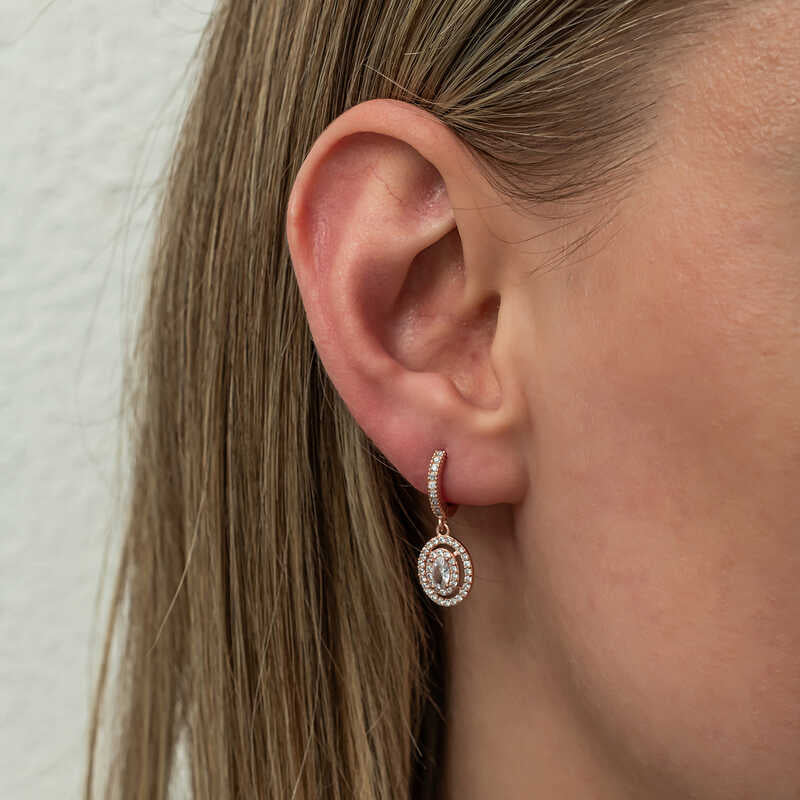 Rose Gold Plated Silver Dangle Earrings - Sparkling Oval Halo Design