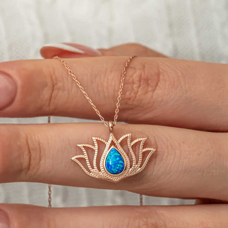 Lotus Flower Necklace - Rose Gold Plated Opal Dainty Design