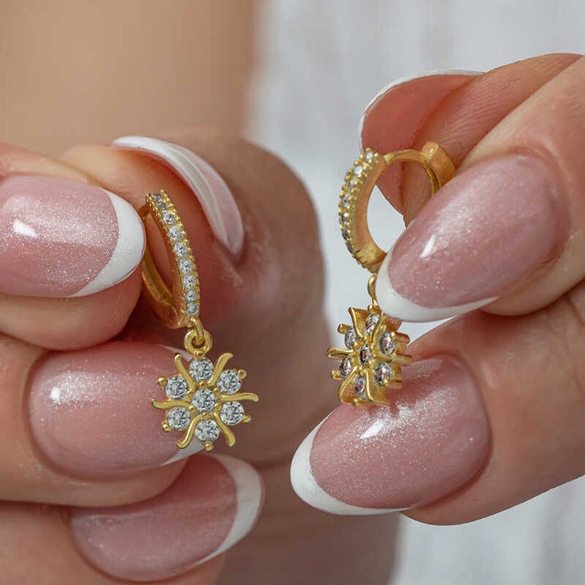 Gold-Plated Sterling Silver Dangle Hoop Earrings - Sparkling Snowflake Design