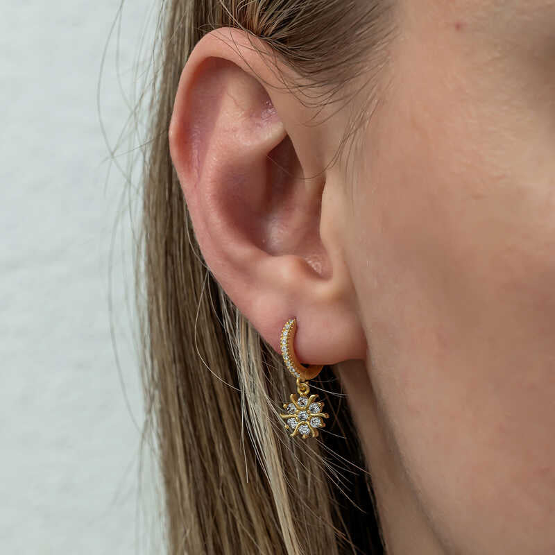 Gold-Plated Sterling Silver Dangle Hoop Earrings - Sparkling Snowflake Design