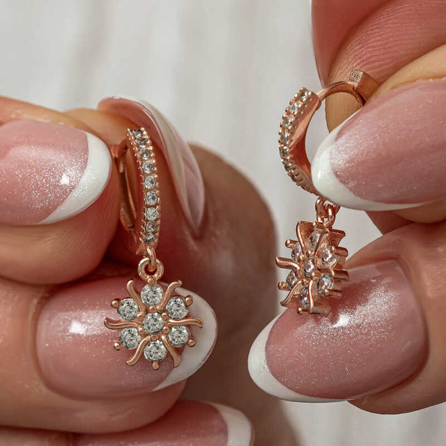 Dangle Hoop Earrings - Rose Gold Plated Sparkling Snowflake