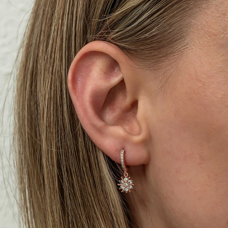 Dangle Hoop Earrings - Rose Gold Plated Sparkling Snowflake