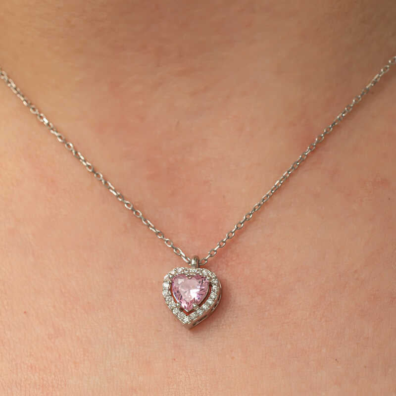 Halskette mit Anhänger in Sterling Silber, rosa Herz und Halo – elegantes Design