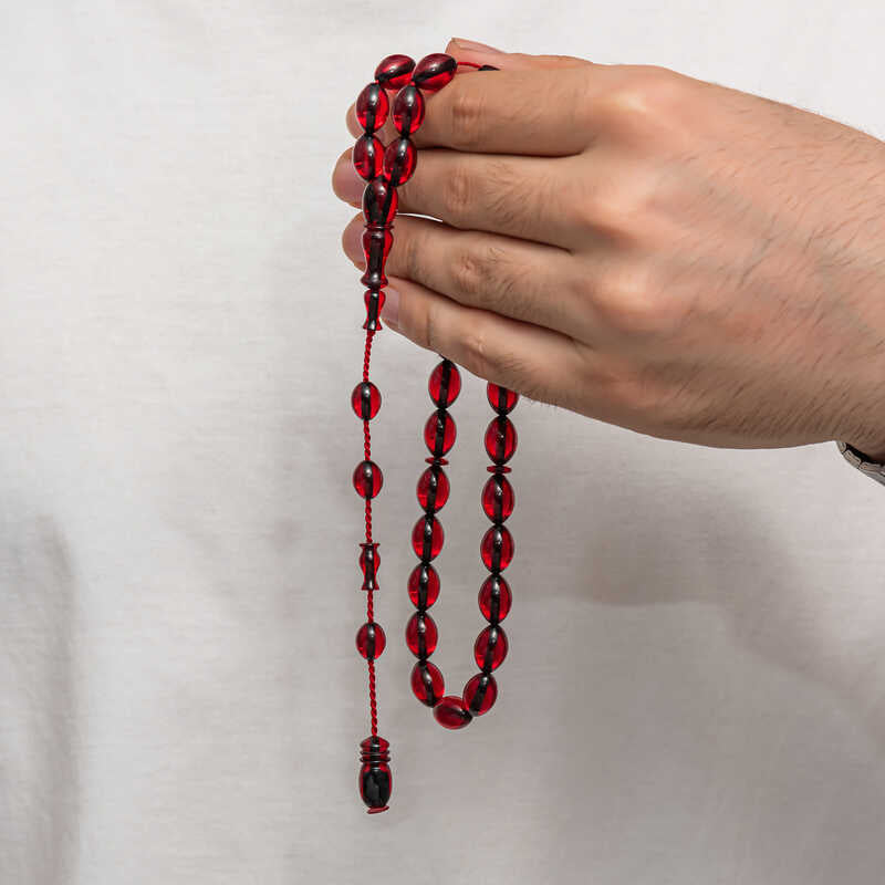 Tesbih Prayer Beads - Elegant Deep Red Amber-Style Oval Beads