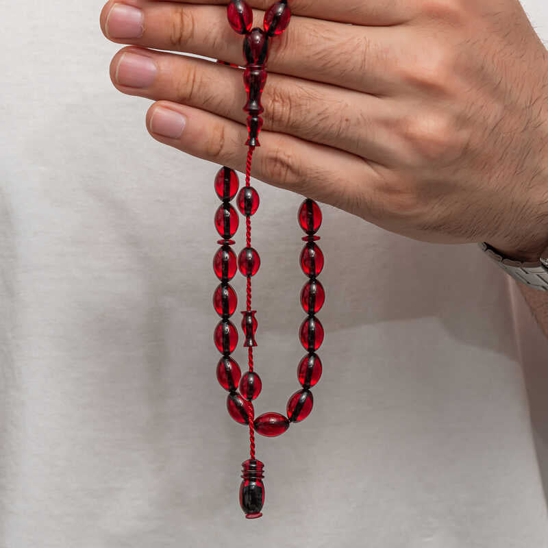 Tesbih Prayer Beads - Elegant Deep Red Amber-Style Oval Beads