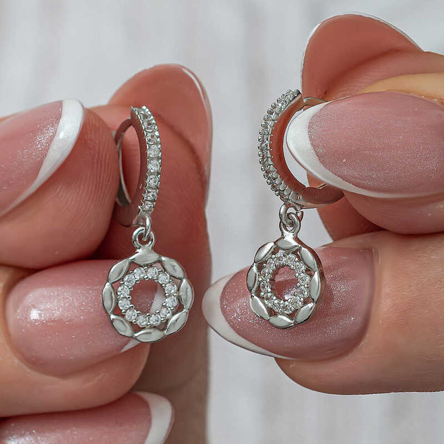 Dangle Hoop Earrings - Silver-Tone Cubic Zirconia Floral Design