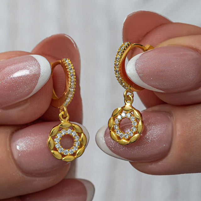 Gold-Tone Zirconia Hoop Dangle Earrings - Elegant Floral Charm