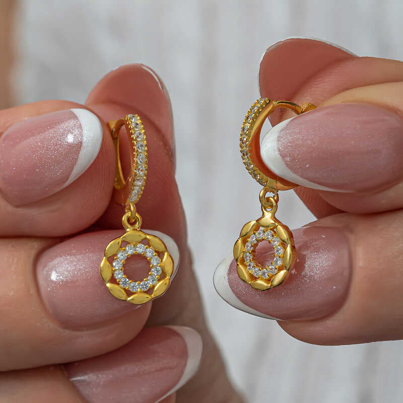 Gold-Tone Zirconia Hoop Dangle Earrings - Elegant Floral Charm